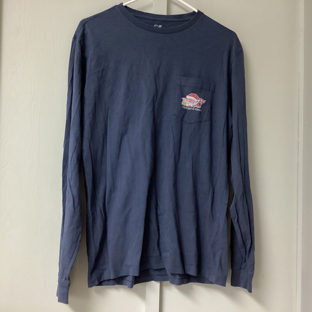 Vineyard Vines Whale Santa Christmas Long Sleeve Pocket T-Shirt Men Size S Navy